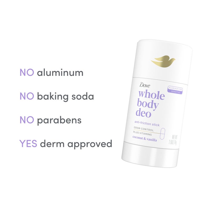 Dove دوف مزيل العرق للجسم بالكامل خالي من الألمنيوم مضاد للاحتكاك عصا جوز الهند + الفانيليا للتحكم في الروائح طوال اليوم 2.6 أونصة - Image 4