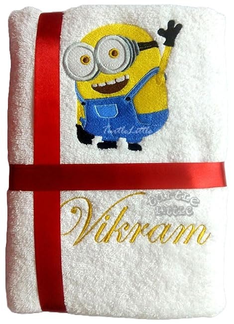 TurtleLittle Cotton Minion Personalised Kids Bath Towel 500 GSM Set of 1 White - Image 1