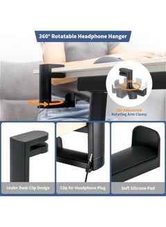 MOXO PC Gaming Headset Hook Holder Hanger Mount Headphs Stand with Adjustable 360 Rotating Arm Under Desk Clamp On Design Universal Fit Built in Cable Clip Organizer (Black)  - Image 4