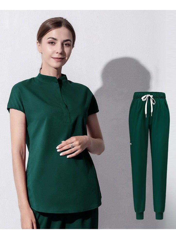Loquat Medical Uniform Scrubs 2 Piece Set Stand Collar Top and Elastic Waist Jogger Pants Suit Dark Green 