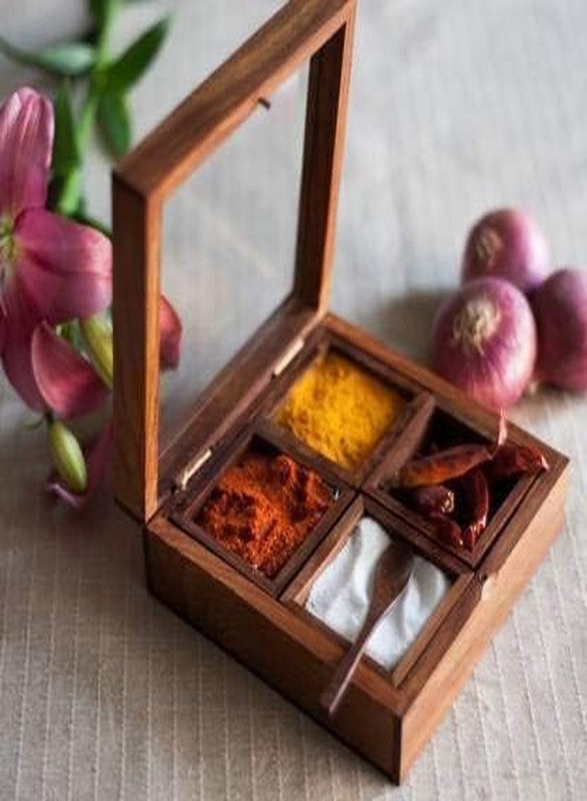 SNOWGREEN EXPORT صندوق توابل مصنوع يدويًا من خشب الشيشام من سنو جرين إكسبورت، بأربعة أقسام، وتطعيمات نحاسية، وأوعية من الفولاذ المقاوم للصدأ، بني اللون، 20×20×6 سم - Image 3