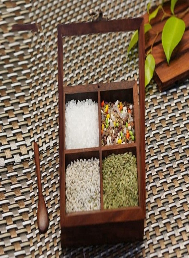 SNOWGREEN EXPORT صندوق توابل مصنوع يدويًا من خشب الشيشام من سنو جرين إكسبورت، بأربعة أقسام، وتطعيمات نحاسية، وأوعية من الفولاذ المقاوم للصدأ، بني اللون، 20×20×6 سم - Image 2