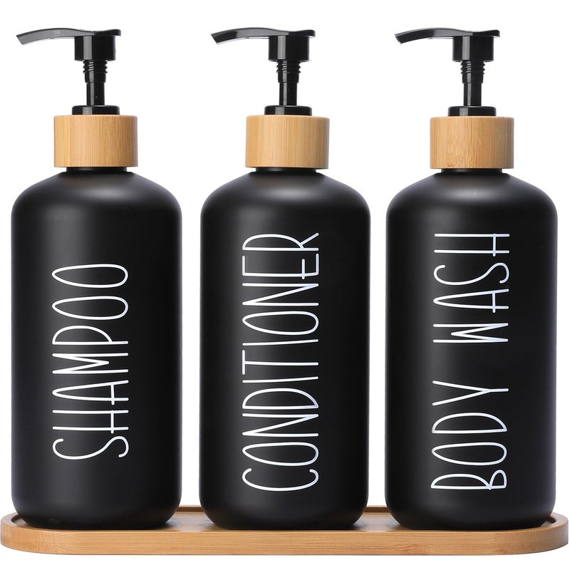 MOMEEMO Black Shower Soap Dispenser Set, Contains 3 Extra-Thick PET Plastic Bottles with Bamboo Pumps, Shampoo Bottles Refillable with Pump Perfect for Guest Room Must Haves. (Black) - Image 1