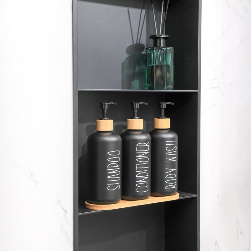 MOMEEMO Black Shower Soap Dispenser Set, Contains 3 Extra-Thick PET Plastic Bottles with Bamboo Pumps, Shampoo Bottles Refillable with Pump Perfect for Guest Room Must Haves. (Black) - Image 4