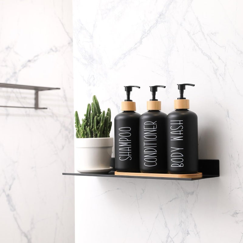 MOMEEMO Black Shower Soap Dispenser Set, Contains 3 Extra-Thick PET Plastic Bottles with Bamboo Pumps, Shampoo Bottles Refillable with Pump Perfect for Guest Room Must Haves. (Black) - Image 2