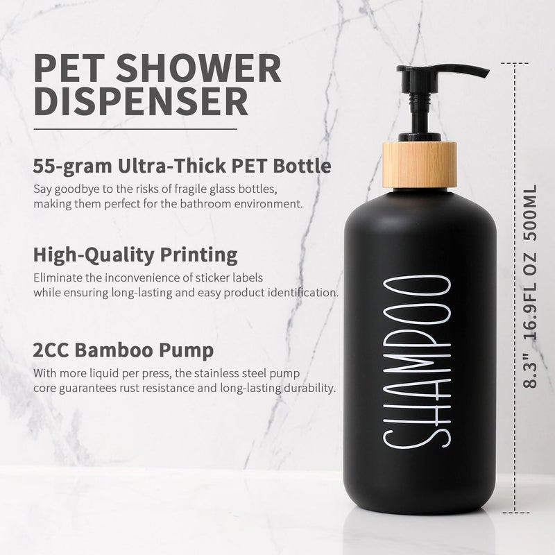 MOMEEMO Black Shower Soap Dispenser Set, Contains 3 Extra-Thick PET Plastic Bottles with Bamboo Pumps, Shampoo Bottles Refillable with Pump Perfect for Guest Room Must Haves. (Black) - Image 3