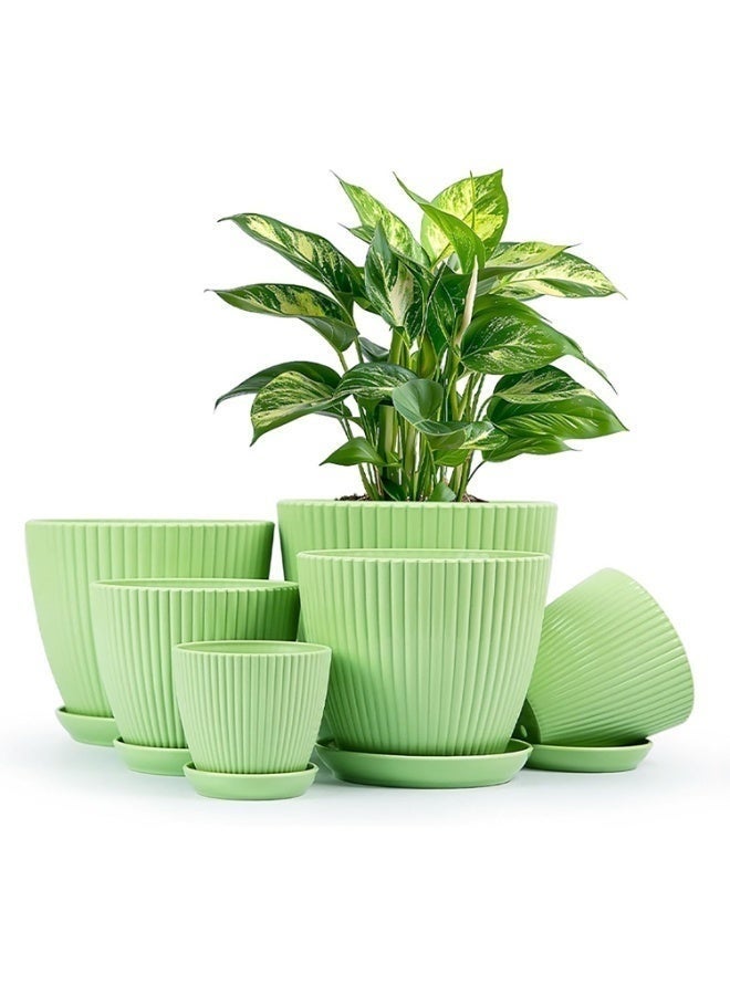 6 Pack Plastic Flower Pot, Plant Planters with Drainage Holes and Trays for Indoor Plants, Outdoor Planter Pot, 6 Different Sizes, Resin Decorative Garden Pots Planters (Green) - Image 1