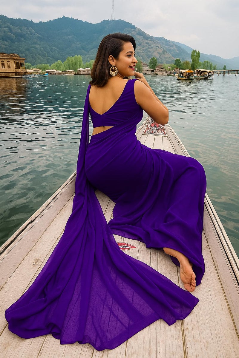 ANSHMJIMN Women's Plain Pure Georgette Saree With Unstitched Blouse Piece (Royal Purple) - Image 3