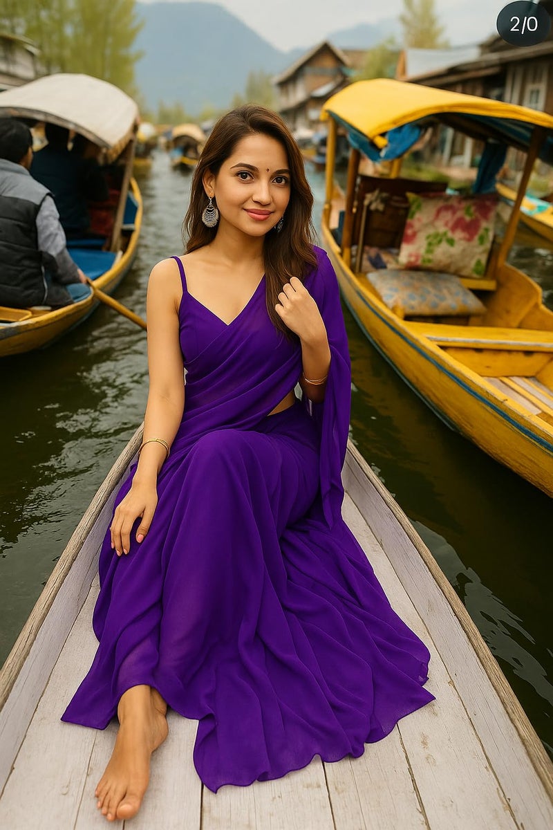 ANSHMJIMN Women's Plain Pure Georgette Saree With Unstitched Blouse Piece (Royal Purple) - Image 2