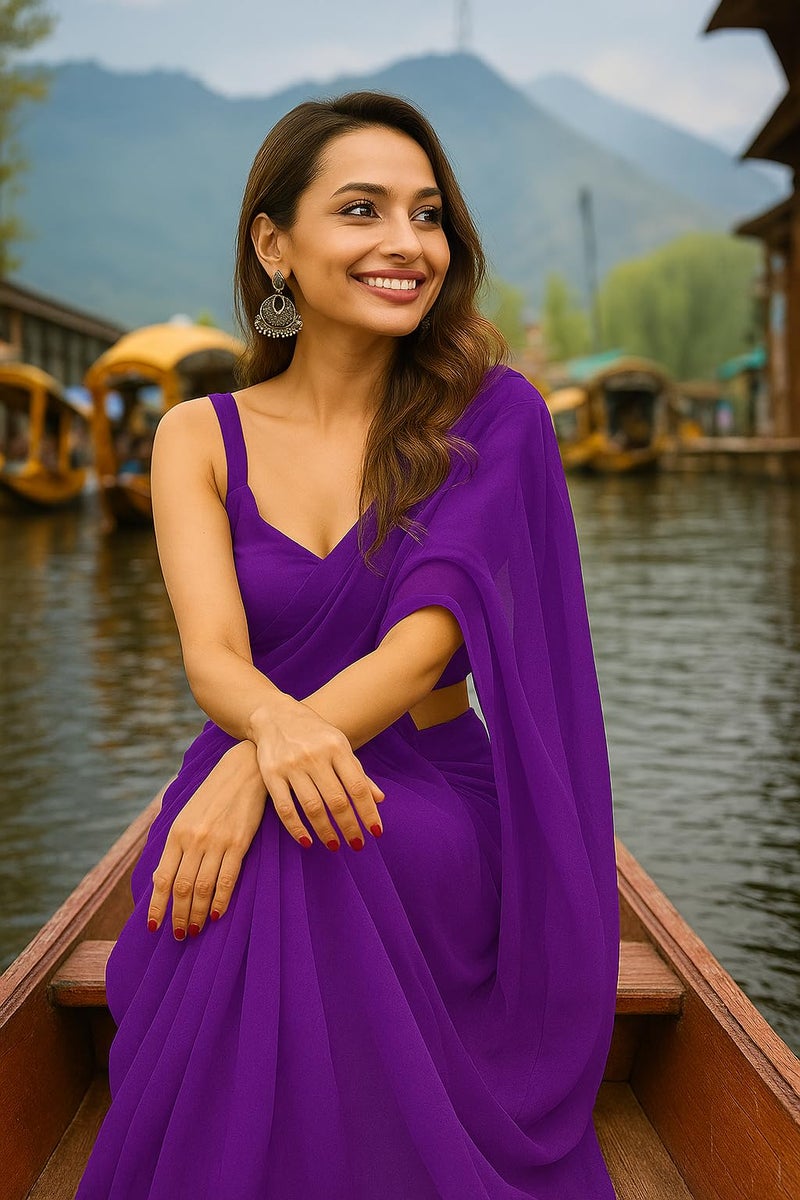 ANSHMJIMN Women's Plain Pure Georgette Saree With Unstitched Blouse Piece (Royal Purple) - Image 4