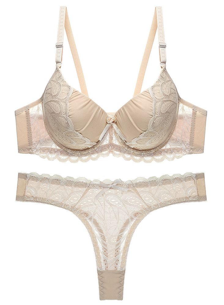 Loquat Comfy Solid Color Lace Bra Panty Set Beige 