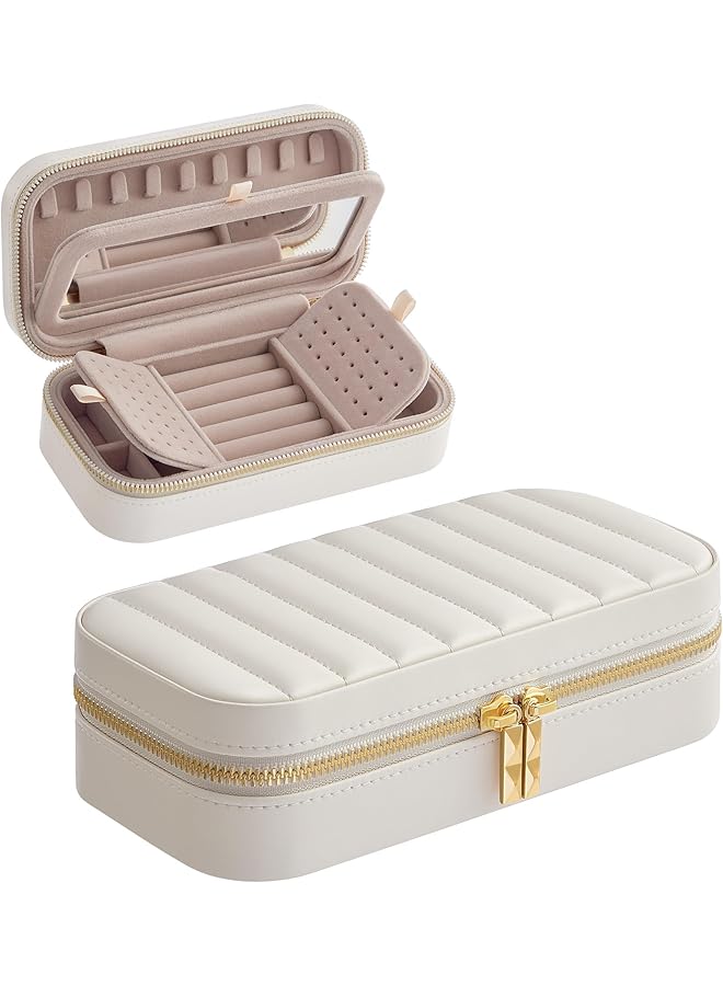 The Bros Travel Jewelry Case, Small Jewelry Box Organizer with Mirror, 4.1 x 8 x 2.4 Inches, PU Surface with Stitching, Portable, Christmas Gift, Cloud White - Image 1