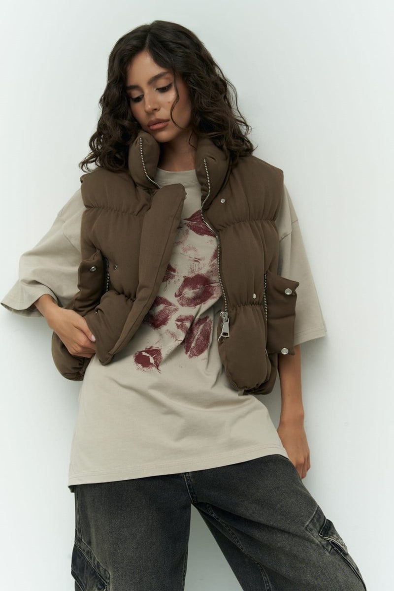 Mai Collection Laila Puffer Khaki Vest  - Image 1