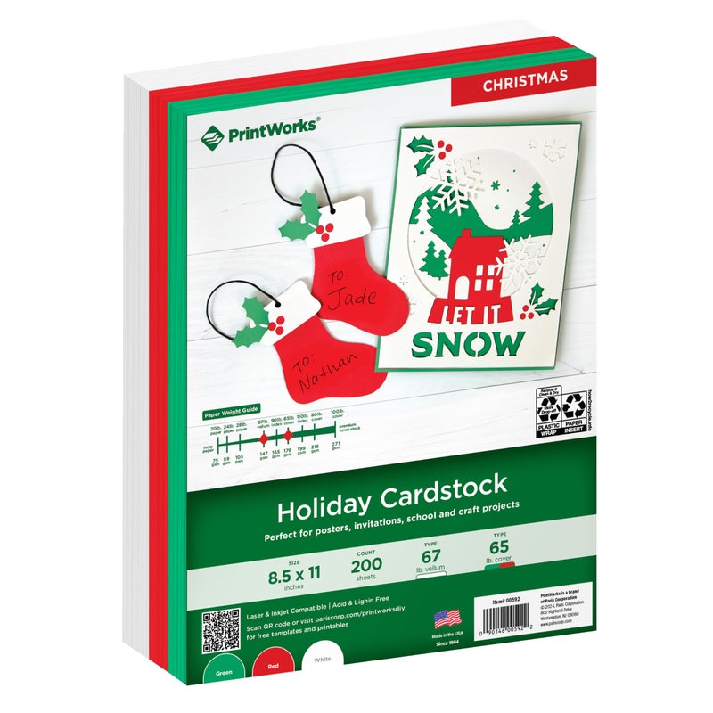 PrintWorks Holiday Cardstock 8.5" x 11" - 200 Sheets - 3 Assorted Christmas Cardstock Colors - Ideal for School & Craft Projects - 67 lb/147 gsm & 65 lb/176 gsm - Made in the USA (00592) - Image 1