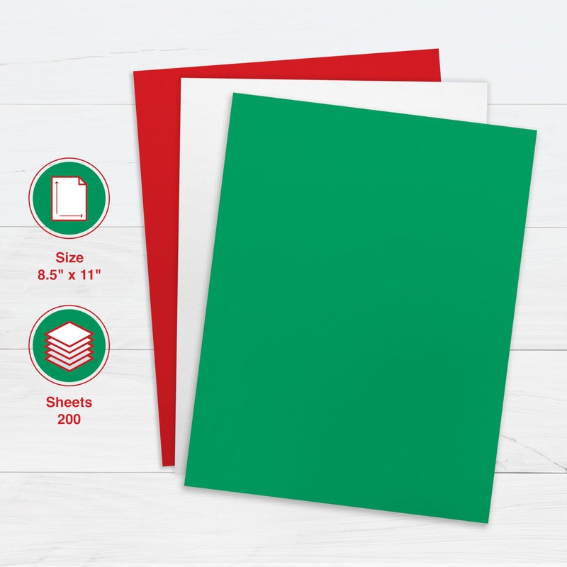 PrintWorks Holiday Cardstock 8.5" x 11" - 200 Sheets - 3 Assorted Christmas Cardstock Colors - Ideal for School & Craft Projects - 67 lb/147 gsm & 65 lb/176 gsm - Made in the USA (00592) - Image 2