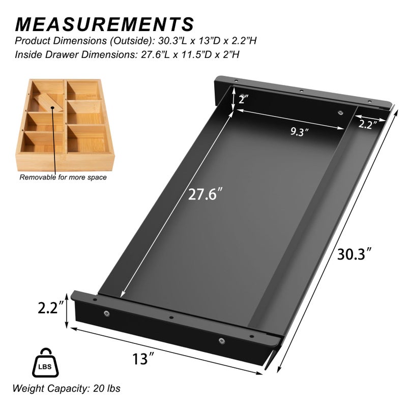 Gaxomo Large Under Desk Mounted Sliding Drawer with Bamboo Tray and 60 Degree Tilt Panel to Pull Out, 30'' Long & 13'' deep Large Storage Organizer for Sit Stand Workstation - Image 2