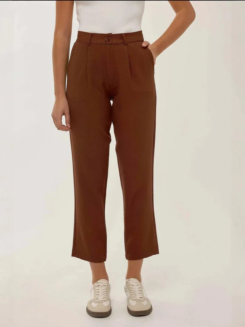 زوبعة بنطلون نسائي بخصر مرتفع وطيات وأرجل مستقيمة