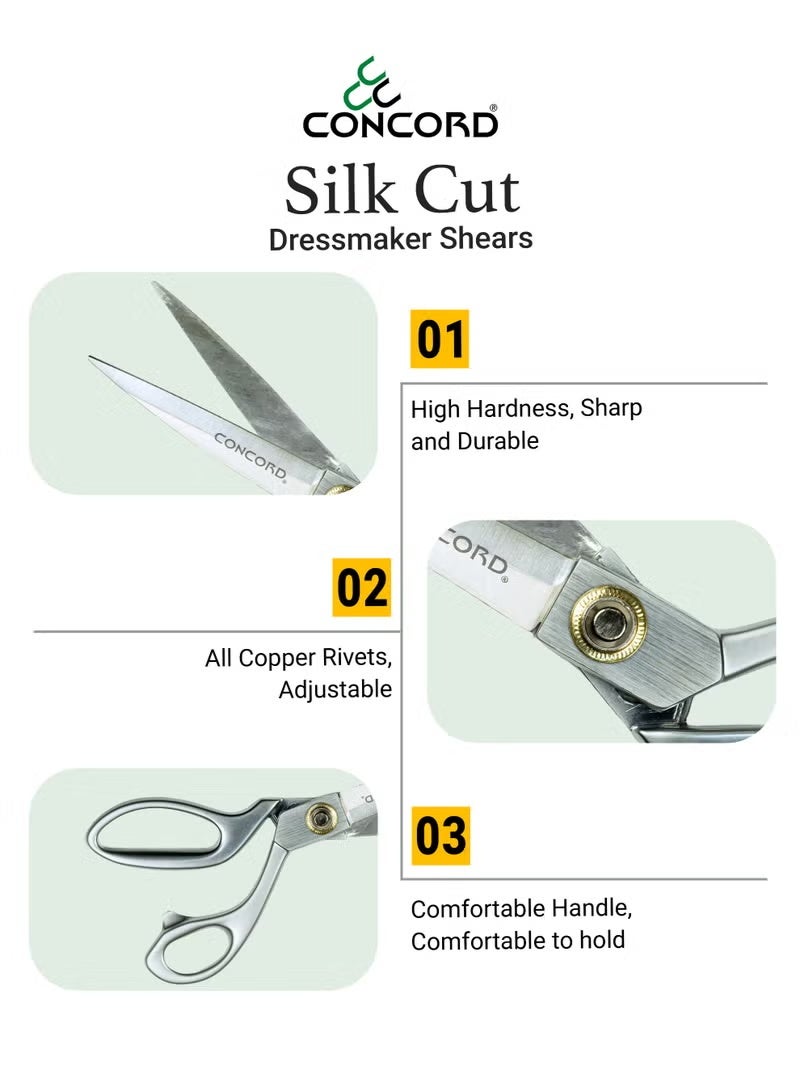 CONCORD Silk Cut Dressmaker Scissors | 10 Inches Tailor Scissors | Stainless Steel Tailoring Sewing Shear, 10 inches | Glossy Silver - Image 5