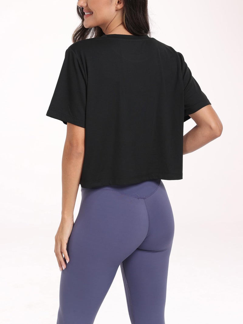 KevaMolly Black Workout Crop Tops for Women Loose Fit UPF50+ Breathable Yoga T Shirts Running Athletic Cropped Workout Tops XL - Image 3
