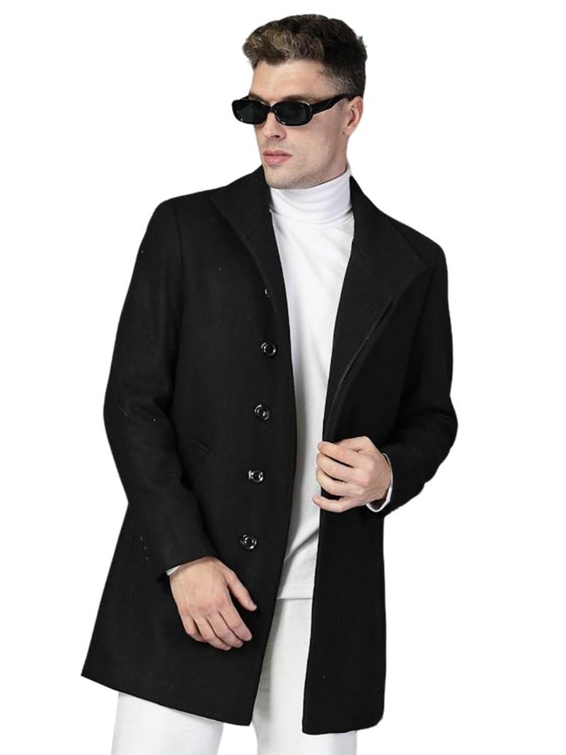 CHKOKKO Men Stylish Long Winter Coat Single Breasted Thigh Length Overcoat with Elegant Spread Collar & Practical Front Side Pockets for Formal or Semi-Formal Occasions BLACK L - Image 1