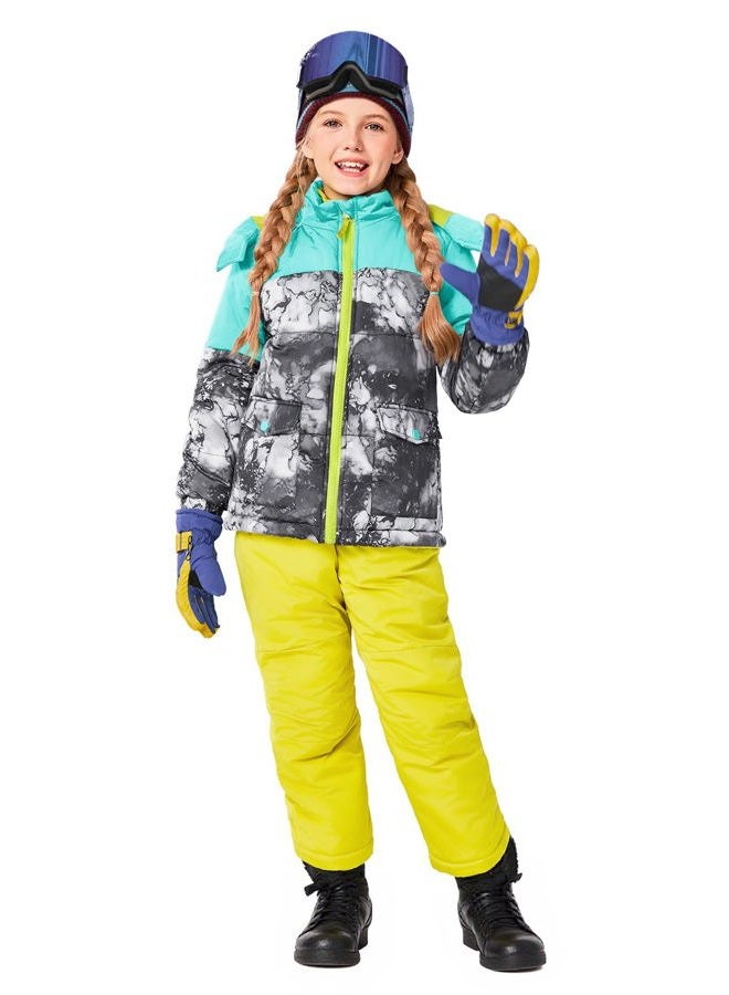Haloumoning Girls 2 Piece Snowsuit Kids Waterproof Fleece Lined Ski Jacket and Snow Bibs Overalls Set 5-14 Years - Image 1