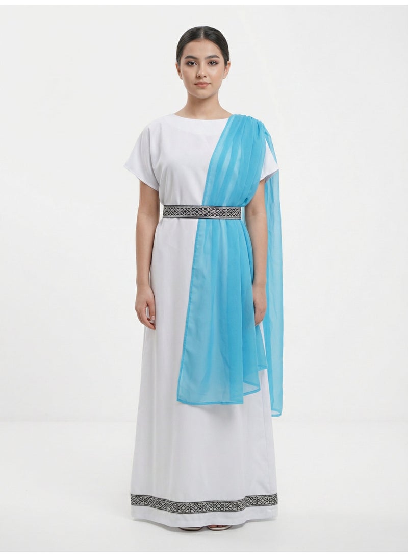 Royal Roman Costume for Kids, 4-Piece Premium Set (White Tunic, Blue Sash, Belt, Gold Wreath) - Sizes 2 to 14 Years. - Image 1