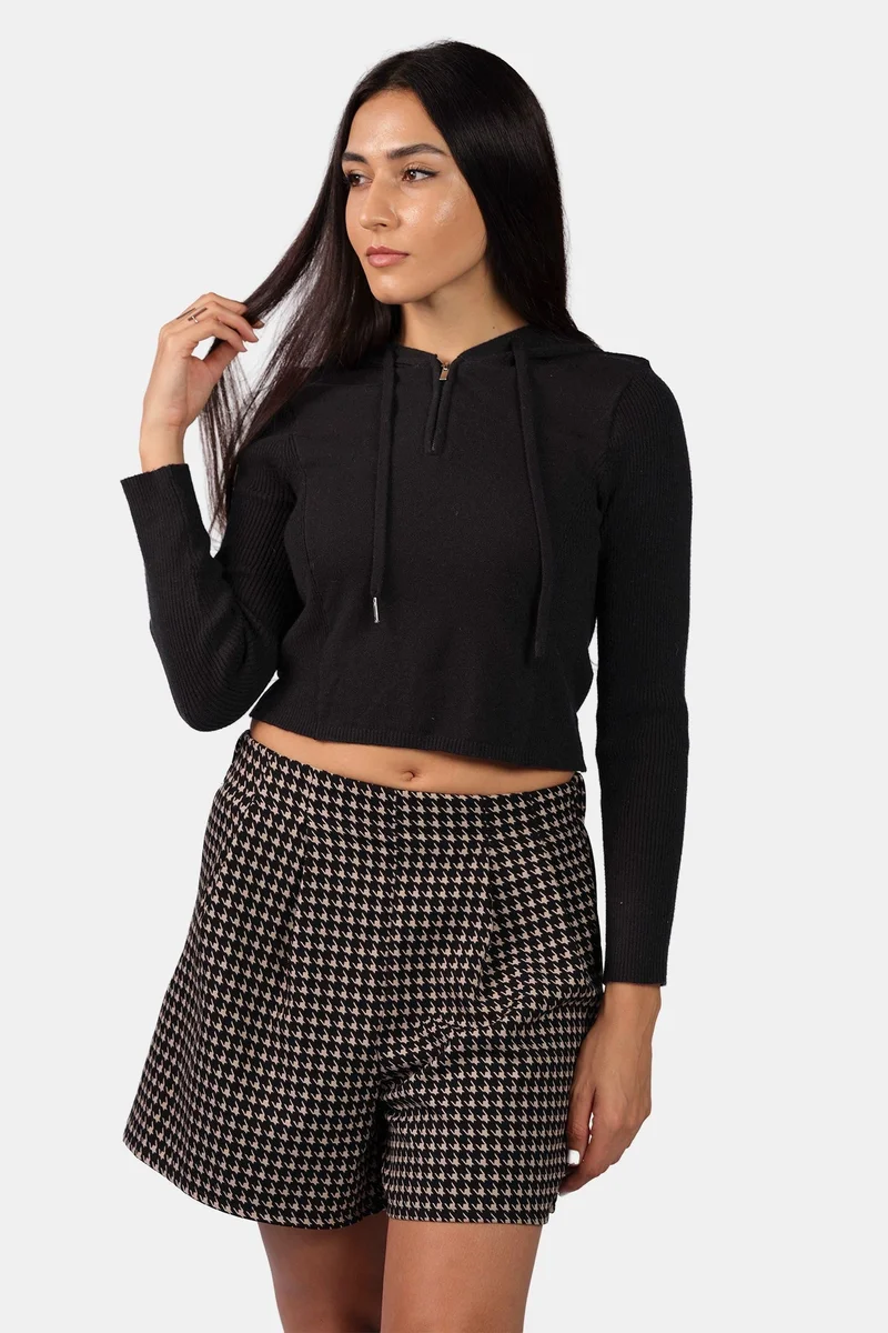 Virgio Self Design Viscose Half Zip Slim Fit Knit Hoodie for Women