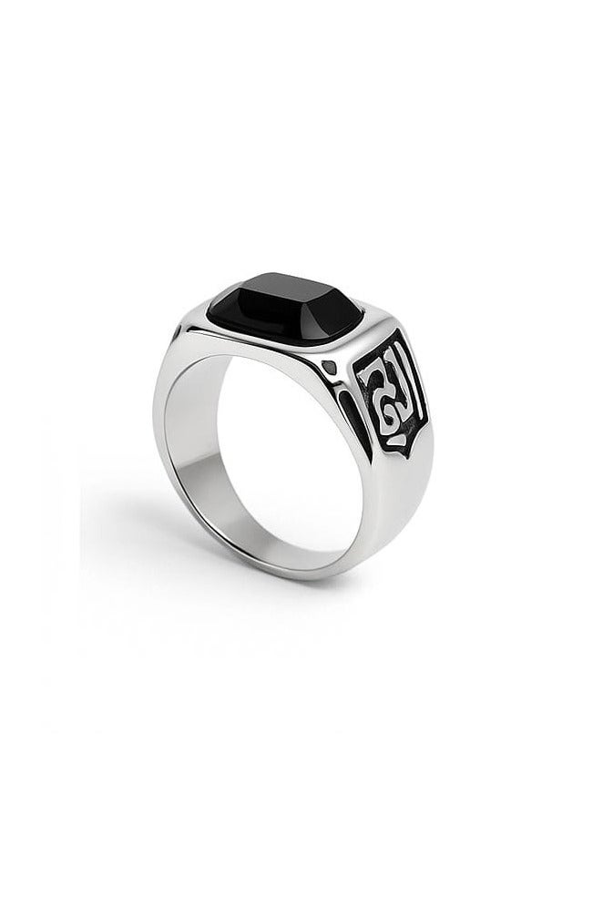 روماد خاتم فضي أنيق بحجر أسود مستطيل ونقوش عربية فاخرة على الجانبين - Image 3