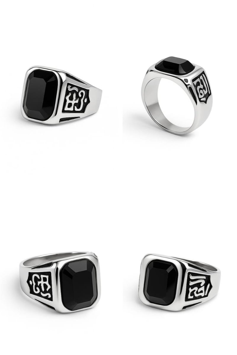 روماد خاتم فضي أنيق بحجر أسود مستطيل ونقوش عربية فاخرة على الجانبين - Image 5