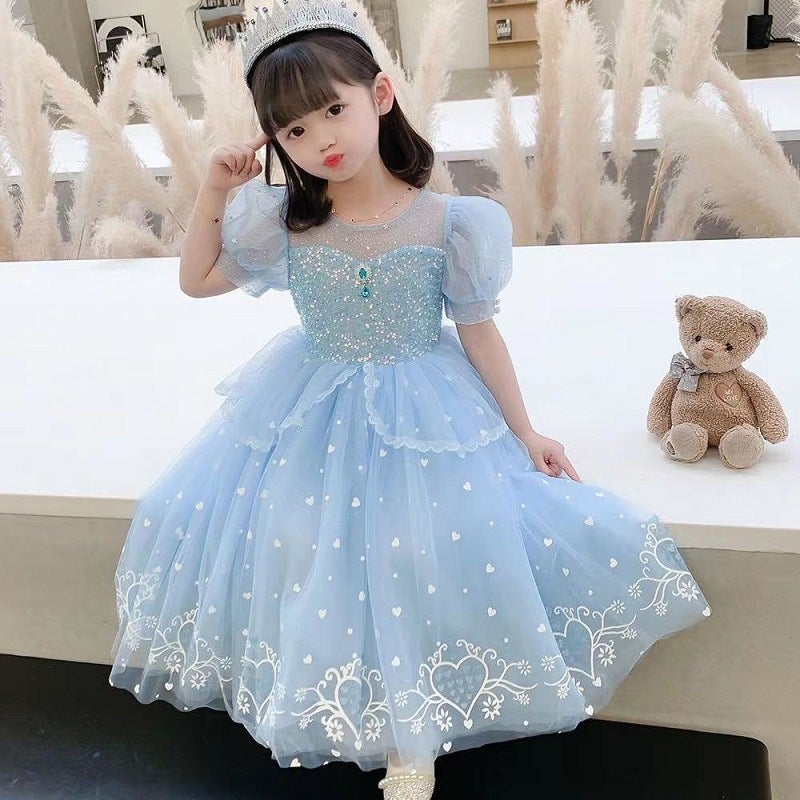Girls Elsa Princess Dress Summer Short Sleeve Frozen Costume S168 blue Aisha skirt [send long cloak]] 