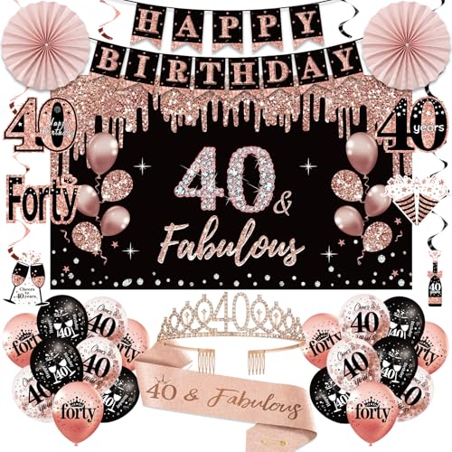 Uiorgui 40th Birthday Decorations for Women 33pcs Black Rose Gold Happy 40th Birthday Banner Crown and Sash Balloons Backdrop Hanging Swirls Paper Fans 40 Years Old Party Supplies Kit - Image 1