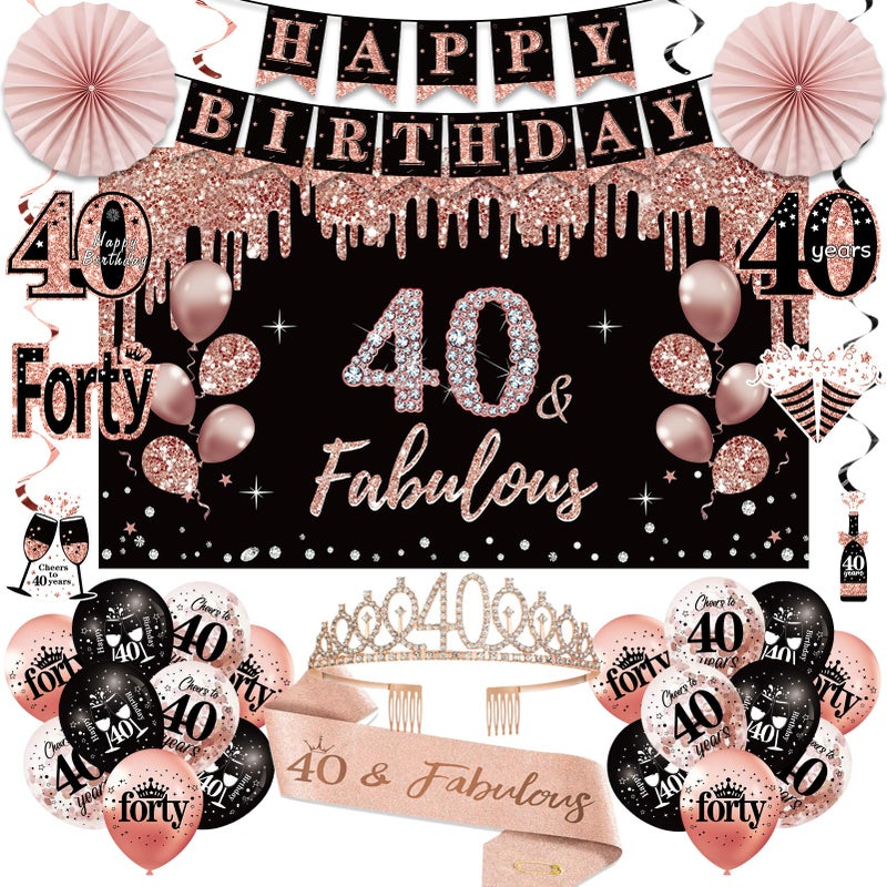 Uiorgui 40th Birthday Decorations for Women 33pcs Black Rose Gold Happy 40th Birthday Banner Crown and Sash Balloons Backdrop Hanging Swirls Paper Fans 40 Years Old Party Supplies Kit - Image 2