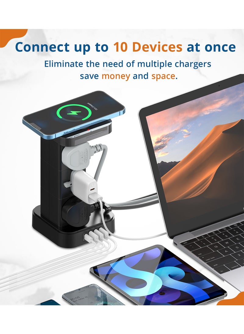 PEGANT - 3-in-1 USB C Tower Power Extension Cord with 15W Wireless Charger 4 USB and Elegant Box 6 Outlets 1x 30W USB C PD3.0, 2x USB A and 1x QC3.0 18W 2M Cable Power Strip Elegant Organizer Box - Image 1