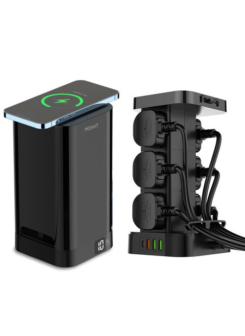 وصلة مشترك كهربائي ب 6 مخارج و 4 منافذ USB و منفذ USB C بقدرة 30 واط و شاحن لاسلكي بقدرة 15 واط و صندوق انيق لتغطية الكابلات و سلك بطول 2 متر
