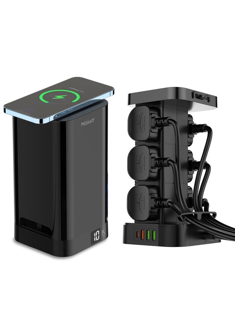 PEGANT - 3-in-1 USB C Tower Power Extension Cord with 15W Wireless Charger 4 USB and Elegant Box 6 Outlets 1x 30W USB C PD3.0, 2x USB A and 1x QC3.0 18W 2M Cable Power Strip Elegant Organizer Box - Image 1