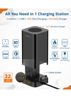 PEGANT 3-in-1 USB C Tower Power Extension Cord with 15W Wireless Charger 4 USB and Elegant Box 6 Outlets 1x 30W USB C PD3.0, 2x USB A and 1x QC3.0 18W 2M Cable Power Strip Elegant Organizer Box  - Image 3
