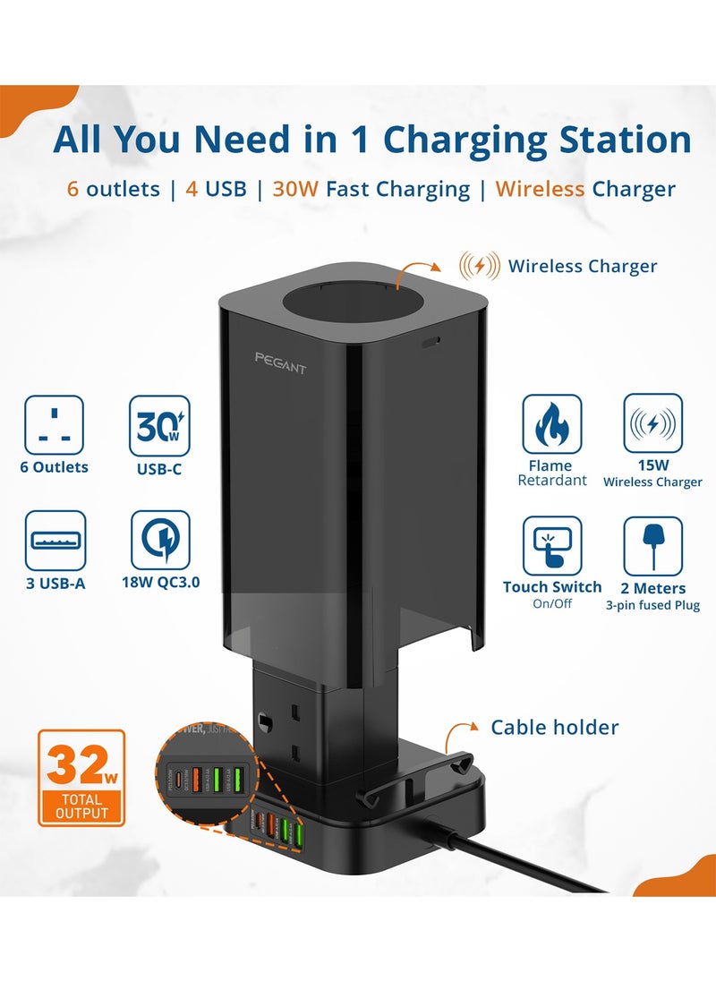 PEGANT - 3-in-1 USB C Tower Power Extension Cord with 15W Wireless Charger 4 USB and Elegant Box 6 Outlets 1x 30W USB C PD3.0, 2x USB A and 1x QC3.0 18W 2M Cable Power Strip Elegant Organizer Box - Image 1