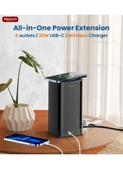 PEGANT 3-in-1 USB C Tower Power Extension Cord with 15W Wireless Charger 4 USB and Elegant Box 6 Outlets 1x 30W USB C PD3.0, 2x USB A and 1x QC3.0 18W 2M Cable Power Strip Elegant Organizer Box  - Image 2