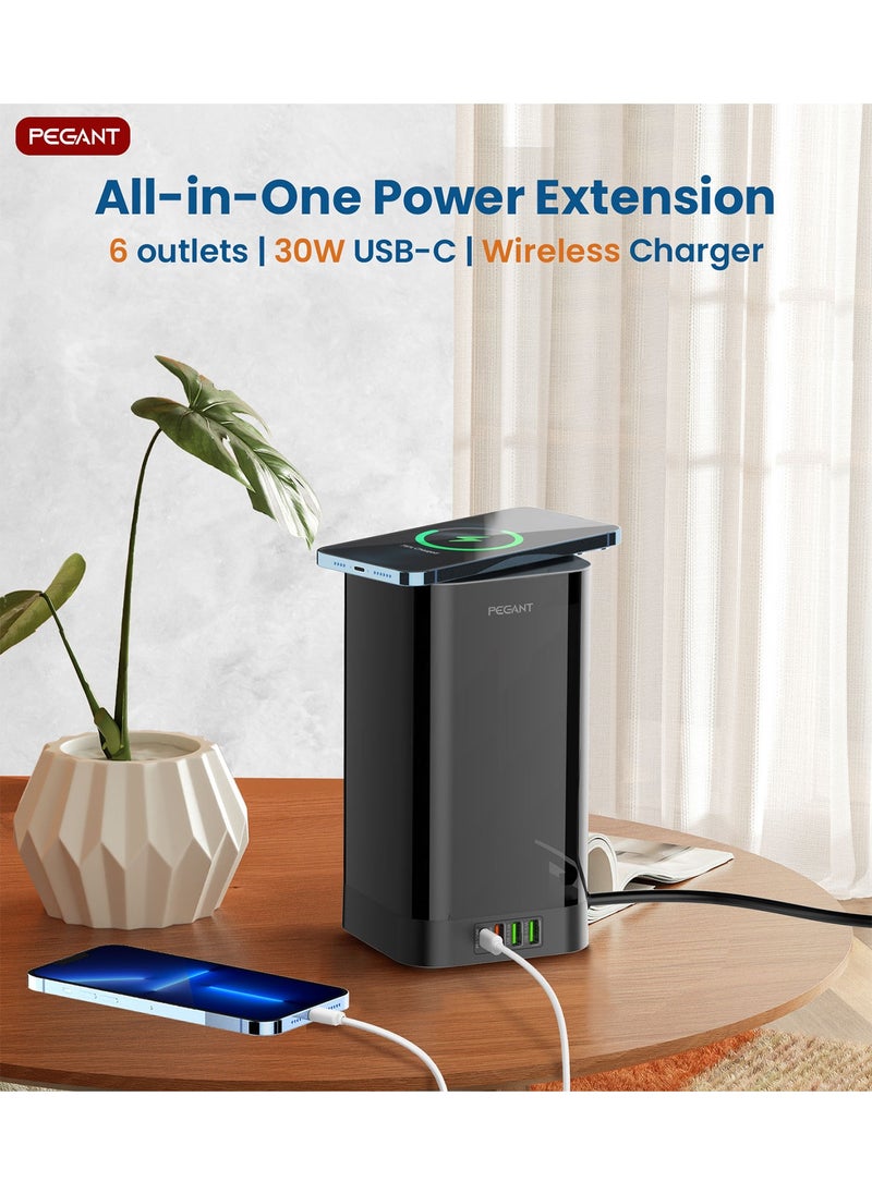 PEGANT - 3-in-1 USB C Tower Power Extension Cord with 15W Wireless Charger 4 USB and Elegant Box 6 Outlets 1x 30W USB C PD3.0, 2x USB A and 1x QC3.0 18W 2M Cable Power Strip Elegant Organizer Box - Image 1