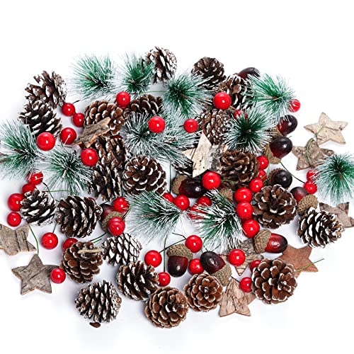 cnomg 108pcs Artificial Pine Cones Pine Branch Set Fake Natural Pinecones Acorns Red Berries Christmas Decor Ornaments for Home Winter Decorations 108 Multicolor