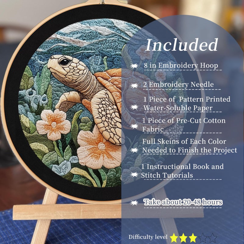 FONNUY Sea Turtle Floral Embroidery Kit, Cross Stitch Kits for Beginners, Handmade Crafts with Printed Patterns for Adults, Easy to Follow Color Thread Needlework, 8'' Hoop (Turtle and Flowers) - Image 2