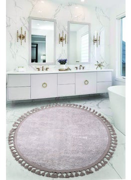 Nova Brown Round 120X120 cm Pompom Fringed Non-Slip Based Machine Washable Bath Mat
