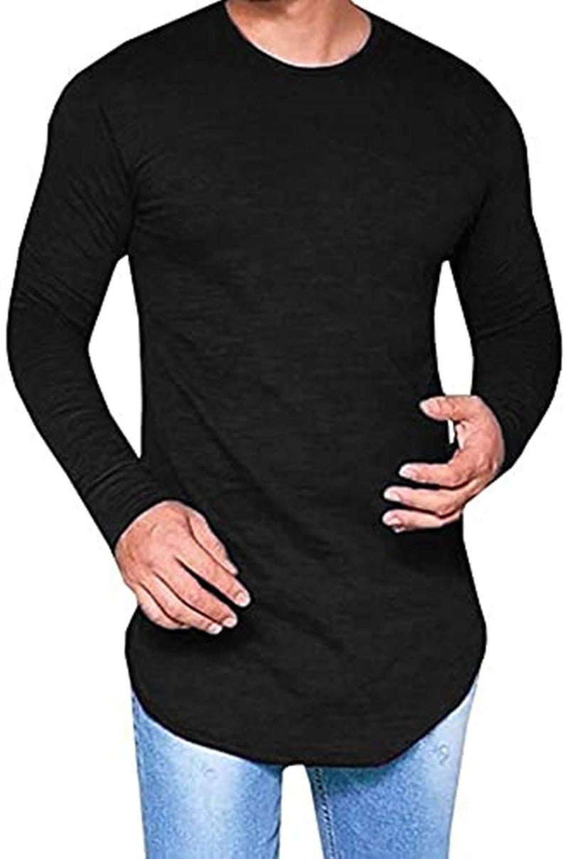 LIWEIKE Mens Hipster Hip Hop Longline Crewneck T-Shirt (Black, Small) - Image 1