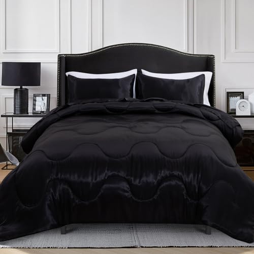 A Nice Night Satin Silky Soft Quilt Luxury Super Soft Microfiber Bedding Thin Comforter Set Full/Queen, Light Weighted (Black, Queen) - Image 3