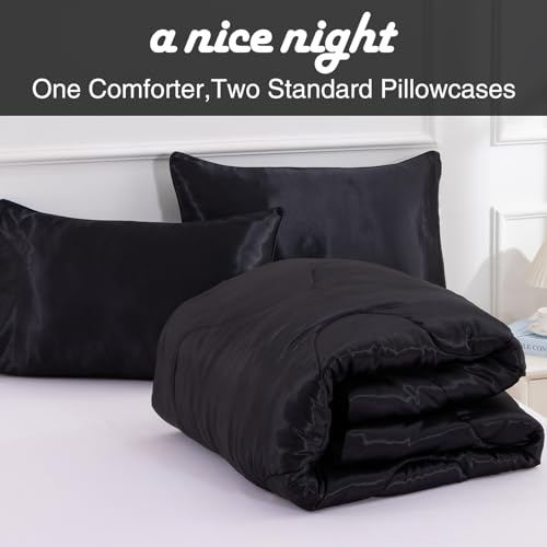 A Nice Night Satin Silky Soft Quilt Luxury Super Soft Microfiber Bedding Thin Comforter Set Full/Queen, Light Weighted (Black, Queen) - Image 2