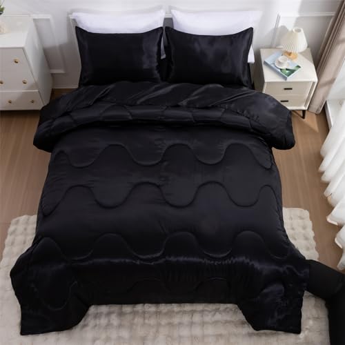 A Nice Night Satin Silky Soft Quilt Luxury Super Soft Microfiber Bedding Thin Comforter Set Full/Queen, Light Weighted (Black, Queen) - Image 4