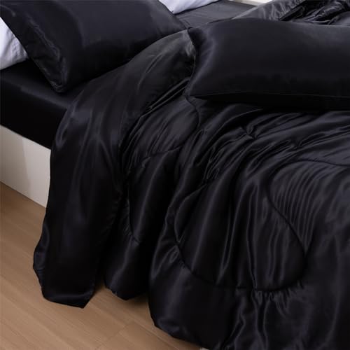 A Nice Night Satin Silky Soft Quilt Luxury Super Soft Microfiber Bedding Thin Comforter Set Full/Queen, Light Weighted (Black, Queen) - Image 5