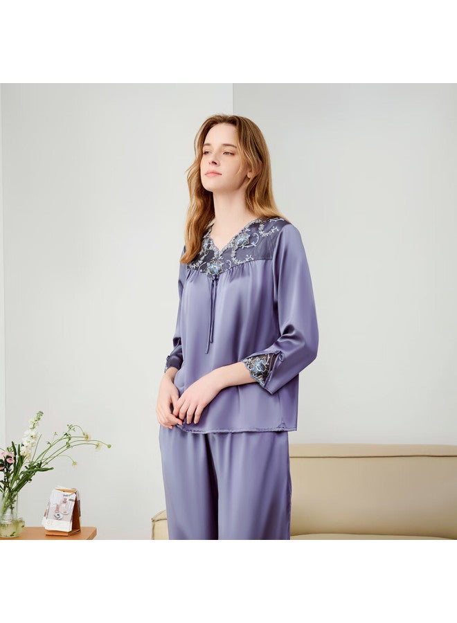 MEIBIAO American Standard Women's Heavyweight Silk Nine-quarter Sleeve Pajama Set, Mulberry Silk Satin Loungewear, M, Turnip Cabbage Pattern, Spring And Autumn - Image 3
