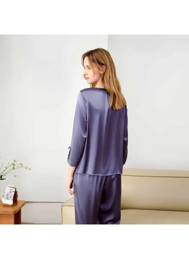 MEIBIAO American Standard Women's Heavyweight Silk Nine-quarter Sleeve Pajama Set, Mulberry Silk Satin Loungewear, M, Turnip Cabbage Pattern, Spring And Autumn - Image 5