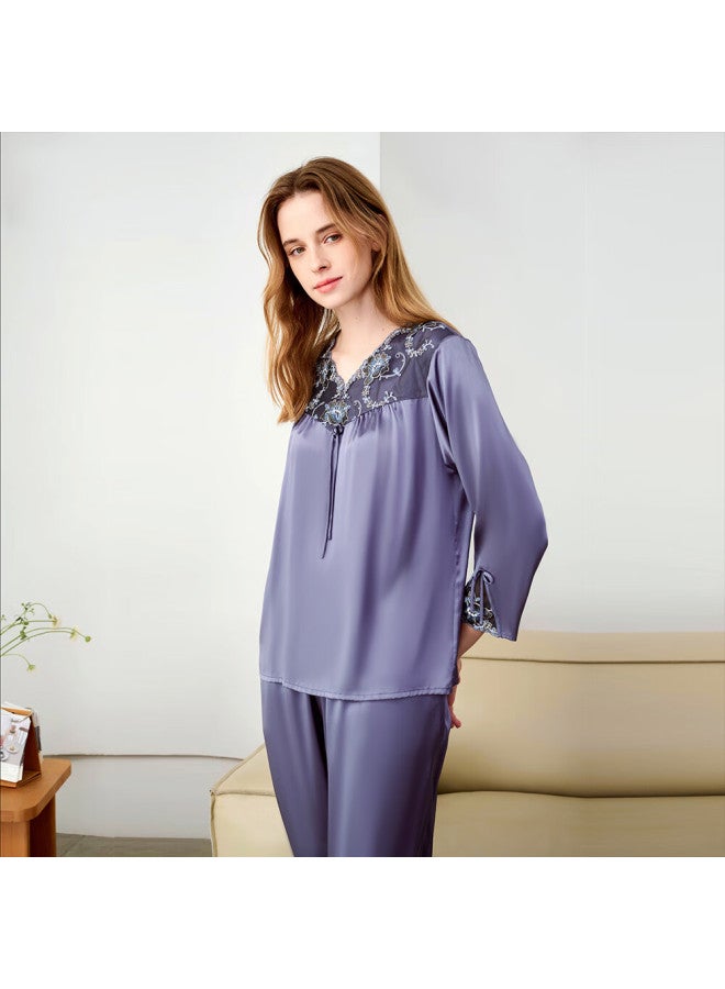 MEIBIAO American Standard Women's Heavyweight Silk Nine-quarter Sleeve Pajama Set, Mulberry Silk Satin Loungewear, M, Turnip Cabbage Pattern, Spring And Autumn - Image 2